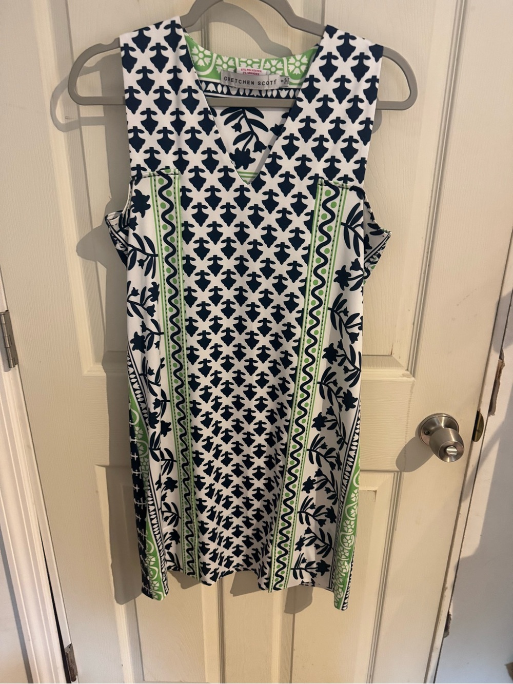 Gretchen Scott Designs Navy, White & Green Printed V-Neck Shift Dress Small